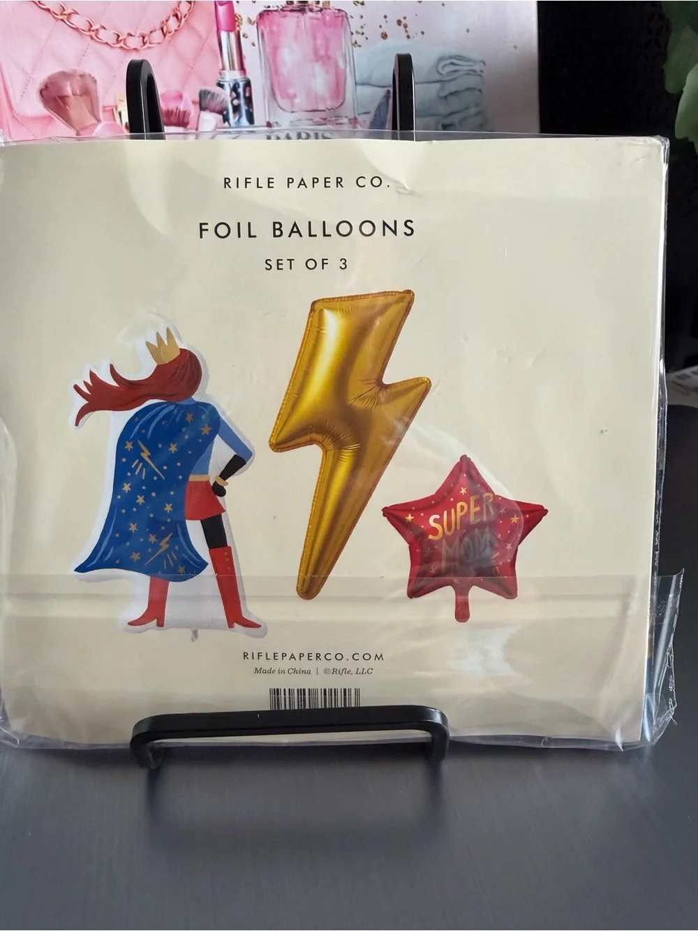 Rifle Paper Co. Foil Balloon Trio in Blue, Gold, Red with weight and ribbon